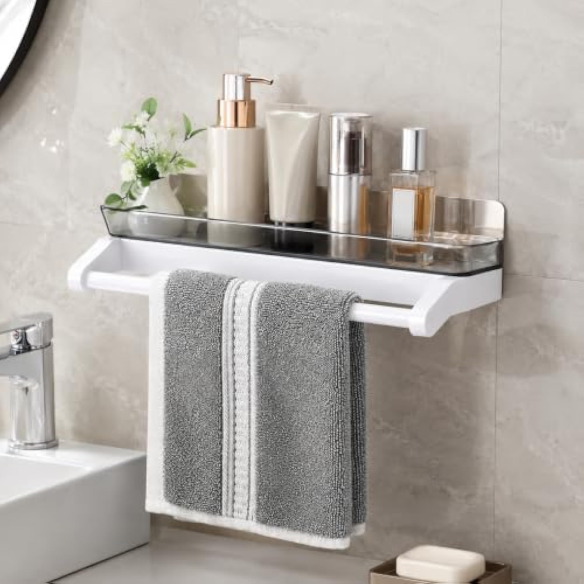Wall-Mounted Kitchen Shelf with Towel Bar, Adhesive, White